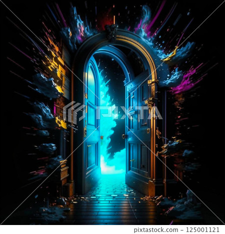 Doors to the unknown. Before the open doors to the unknown. AI generated. 125001121