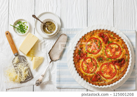 Freshly baked Italian Tomato Cheese Pie, top view 125001208