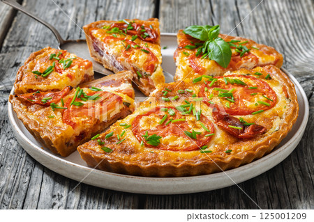 Freshly baked Italian Tomato Cheese Pie, top view 125001209