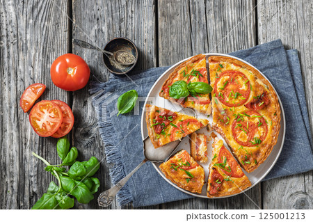 Freshly baked Italian Tomato Cheese Pie, top view Freshly baked Italian Tomato Cheese Pie, top view 125001213