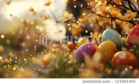 Colorful Easter eggs lying on grass with glowing sunset bokeh, sparkling particles in air Copy space Colorful Easter eggs lying on grass with glowing sunset bokeh, sparkling particles in air Copy space 125001405