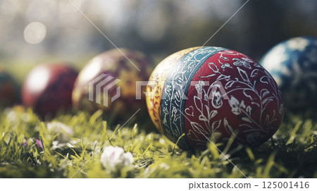 Decorated Easter eggs in rich red, yellow and blue hues glowing under golden hour sunlight, close up 125001416