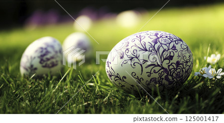 White Easter eggs with elegant purple floral pattern on vivid green grass, close up 125001417