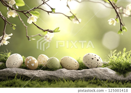 Easter eggs lined up on tree bark under blooming spring branches, rustic outdoor Easter layout. Easter eggs lined up on tree bark under blooming spring branches, rustic outdoor Easter layout. 125001418