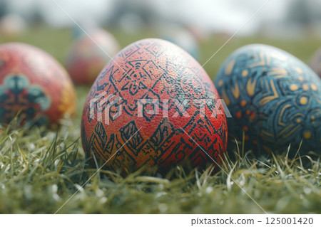 Traditional Easter eggs with intricate red and blue ornaments placed on natural green grass close up 125001420