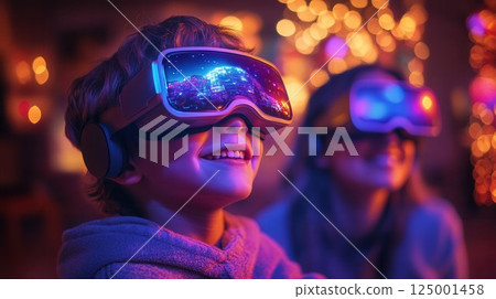 Two children joyfully engage with virtual reality headsets during a vibrant indoor event, surrounded 125001458