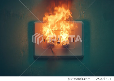 An electrical outlet is engulfed in flames, sending out thick smoke in a dimly lit space. The fire 125001495