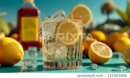 Refreshing lemonade with lemon slice and mint in a clear glass, surrounded by lemons on a rustic table in warm light 125001866