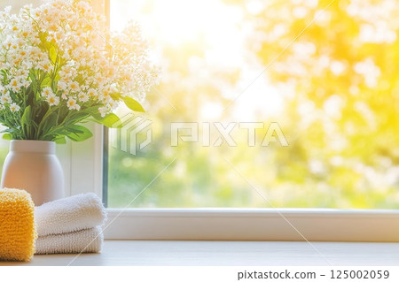 Sunlit flowers and Spring cleaning towels by window. 125002059