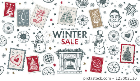 Christmas cookie, tree, ball, star, set on white, Hand drawn illustration Christmas cookie, tree, ball, star, set on white, Hand drawn illustration 125002110