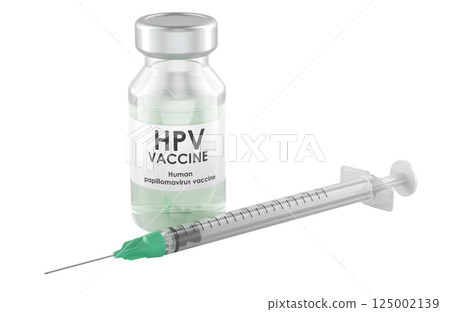 HPV Vaccine in vial with syringe. Human Papillomavirus Vaccination, concept. 3D rendering HPV Vaccine in vial with syringe. Human Papillomavirus Vaccination, concept. 3D rendering 125002139