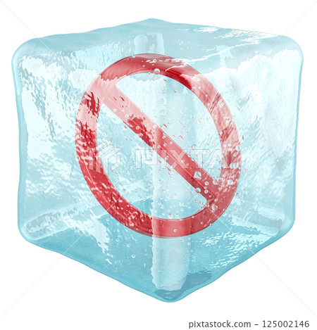 Prohibition symbol in ice cube. Frozen Forbidden, concept. 3D rendering 125002146