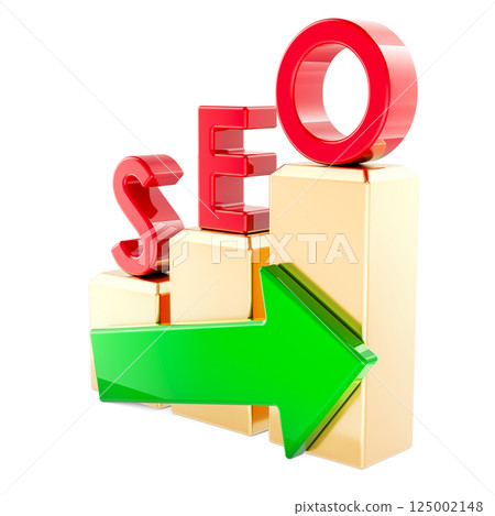 SEO concept with golden bar chart and green arrow, 3D rendering 125002148