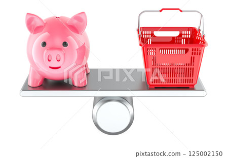 Shopping or savings, concept. Piggy bank and shopping basket on balance scale. 3D rendering 125002150