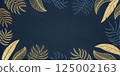 Elegant golden tropical leaves on a dark blue background creating a stylish frame with copy space 125002163