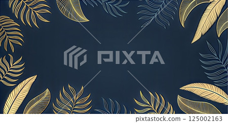 Elegant golden tropical leaves on a dark blue background creating a stylish frame with copy space 125002163