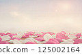 Pink and white flower petals scattered on a soft surface with a dreamy pastel background and copy space 125002164
