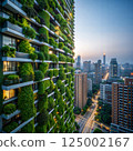 Modern green building with vertical gardens at dawn in an urban skyline with copy space 125002167