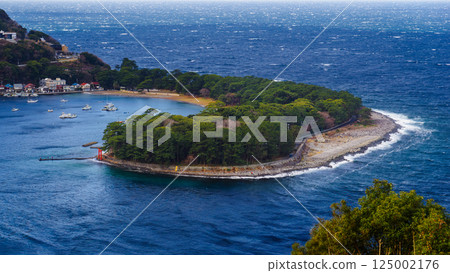 Japanese Fishing Port and Village Along Forested Cove Coastline 125002176