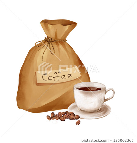 Illustration of coffee sack, cup, and beans. Ideal for kitchen decor or coffee shop branding 125002365