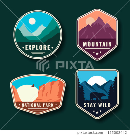 Set of four adventure badges with mountains, forest, bear, and canyon 125002442