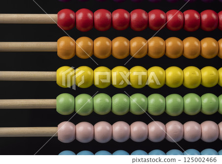 colorful beads on abacus for children's play, wooden children's abacus for learning and development, close up colorful beads on abacus for children's play, wooden children's abacus for learning and development, close up 125002466