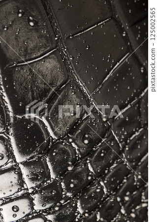 black polished leather dyed black with embossed crocodile leather covered with water droplets black polished leather dyed black with embossed crocodile leather covered with water droplets 125002565