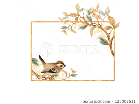 Elegant bird on an autumn branch forming a golden frame. Perfect for wedding invites, cards. Vintage and modern touch for designs Elegant bird on an autumn branch forming a golden frame. Perfect for wedding invites, cards. Vintage and modern touch for designs 125002611