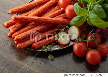 Kabanos sausages with basil and tomatoes on a old table. 125002635