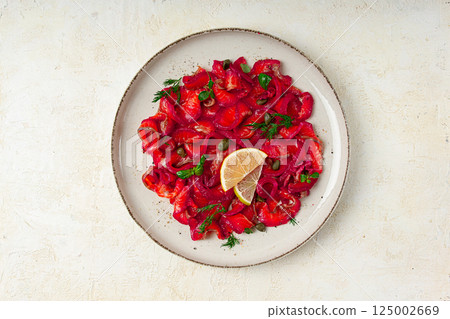 Salmon gravlax with beetroot, Scandinavian snack, beet gravlax, lightly salted fish, homemade, no people, 125002669