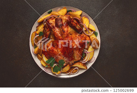 fried, baked chicken, in the oven, with spices, and rustic potatoes, top view, homemade, fried, baked chicken, in the oven, with spices, and rustic potatoes, top view, homemade, 125002699