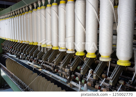 Close-up shot of cotton spinning machine. 125002770