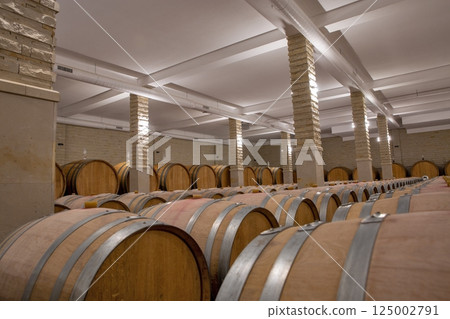 Wine barrels in the cellar of wine producer. 125002791