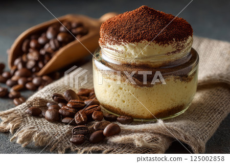 Classic tiramisu dessert in glass jar with coffee beans 125002858