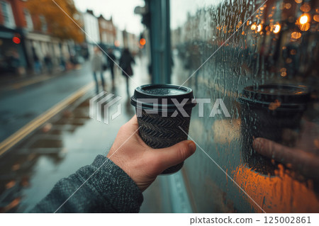 Hand holding takeaway coffee on city street 125002861