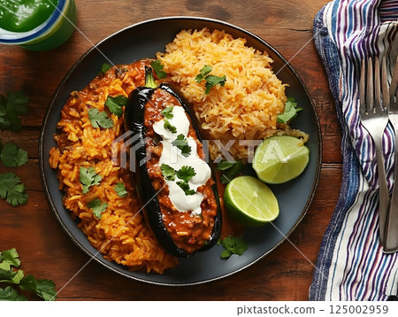 Stuffed Mexican Poblano Pepper with Spanish Rice and Fresh Lime Garnish 125002959