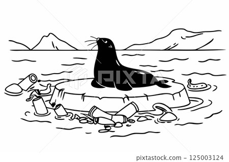 Seal on an iceberg amidst plastic pollution, highlighting climate change and environmental concerns 125003124