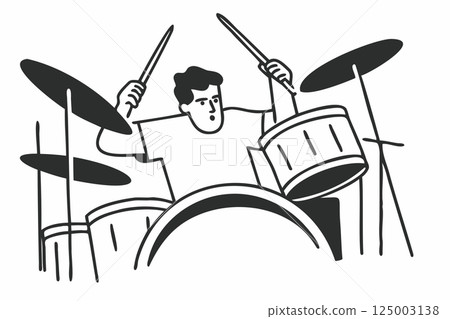 Passionate drummer playing with intense energy and rhythm line art illustration Passionate drummer playing with intense energy and rhythm line art illustration 125003138