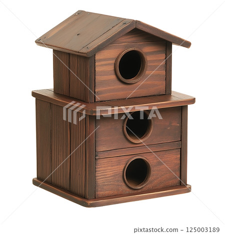 Rustic wooden birdhouse with multiple compartments for birds to nest comfortably 125003189