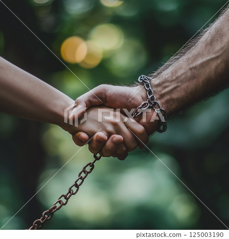 Two Hands Bound by Chains, Symbolizing Bondage and Connection 125003190