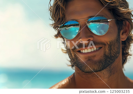 Smiling Man in Sunglasses Reflecting Beach and Ocean in Bright Summer Light 125003235
