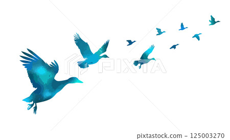 A flock of blue ducks flying. hand drawing. Not AI. Vector illustration A flock of blue ducks flying. hand drawing. Not AI. Vector illustration 125003270
