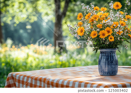 Picnic table with checkered tablecloth and a vase with flowers on a summer background. Retro-style. Mockup. Copy space. 125003402