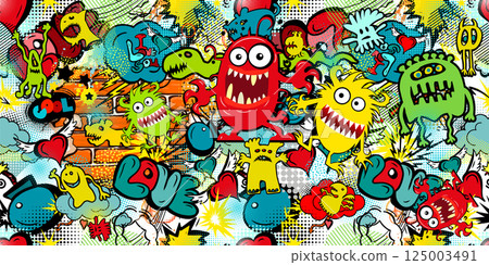 Colored seamless background with funny monsters. hand drawing. Not AI, Vector illustration 125003491