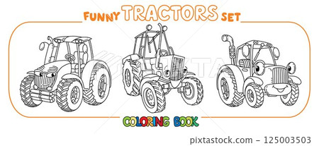 Funny vector tractors with eyes. Coloring book set 125003503