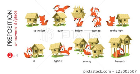 Preposition of place. Funny foxes cartoon set Preposition of place. Funny foxes cartoon set 125003507
