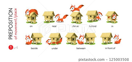Preposition of place. Funny foxes cartoon set 125003508