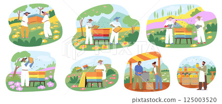 People beekeepers cartoon characters gathering honey standing nearby beehives at apiculture farm 125003520