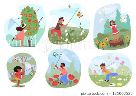 Cute little kids with net catching butterflies running across flowering summer field scene set 125003523