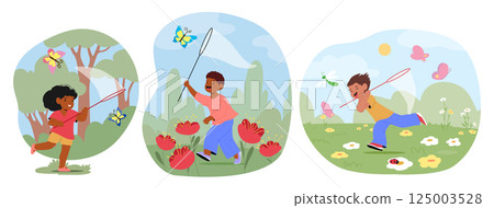 Overjoyed little kids cartoon characters holding net running fast trying to catch butterflies Overjoyed little kids cartoon characters holding net running fast trying to catch butterflies 125003528